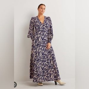 Boden France abstract navy garden long sleeved maxi dress 10r